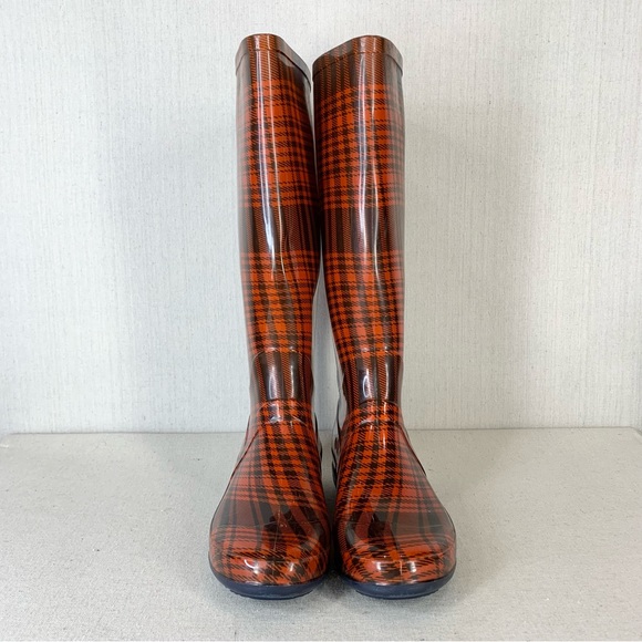 143 Girl~Women’s Red/Navy Tartan‎ Plaid Tall/Knee High Rubber Rain Boots~Sz 10 - Picture 5 of 12